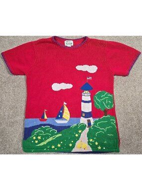 Quacker Factory Nautical Coastal Sweater Ramie Cotton Lighthouse Sailboats Sz M